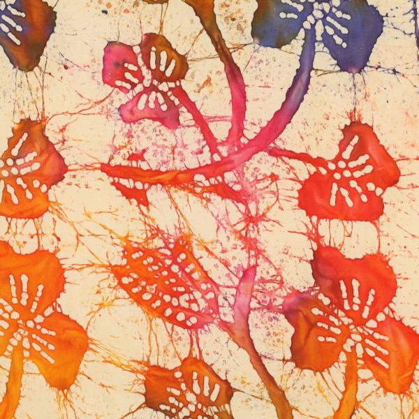 Viskose Batik einzigartig gefertigt  Blüten in Orange/Lila/Rottönen